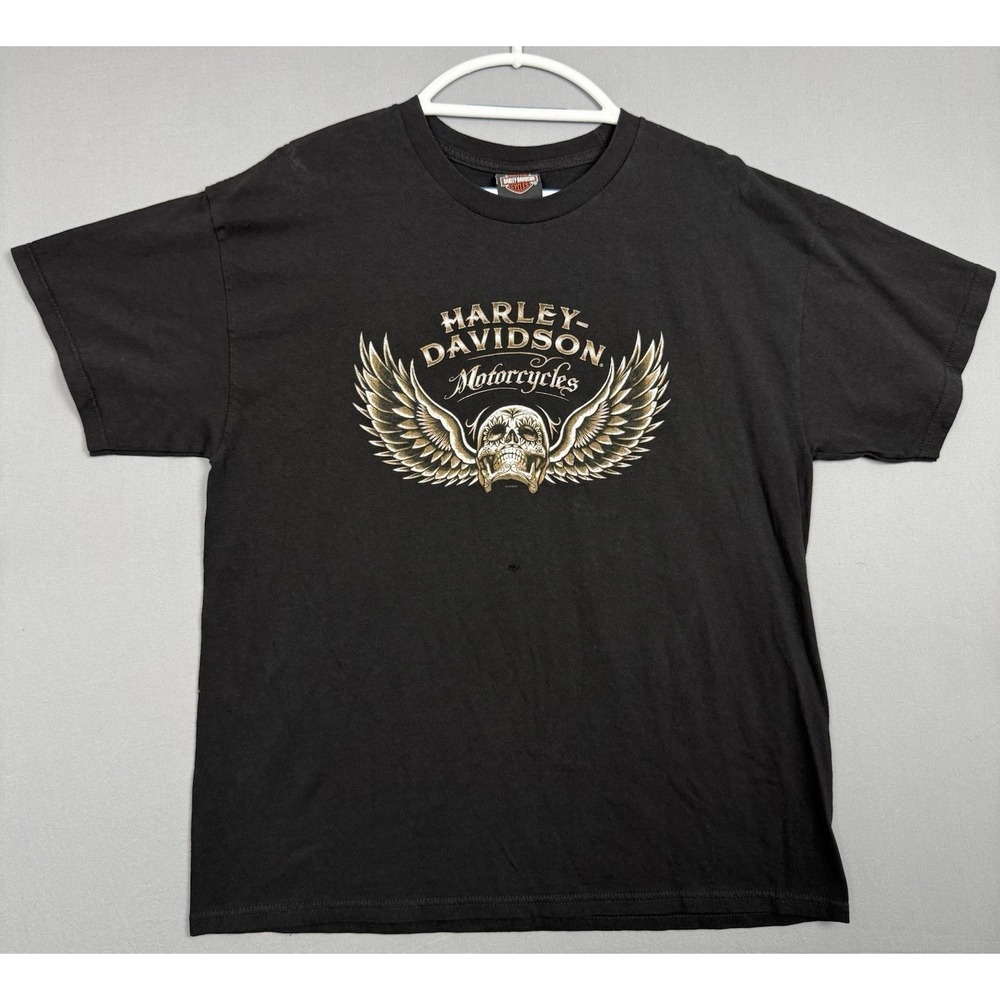 Harley Davidson Black T-Shirt Mens XL Biker Tee Graphic Skull Wings Logo Moto